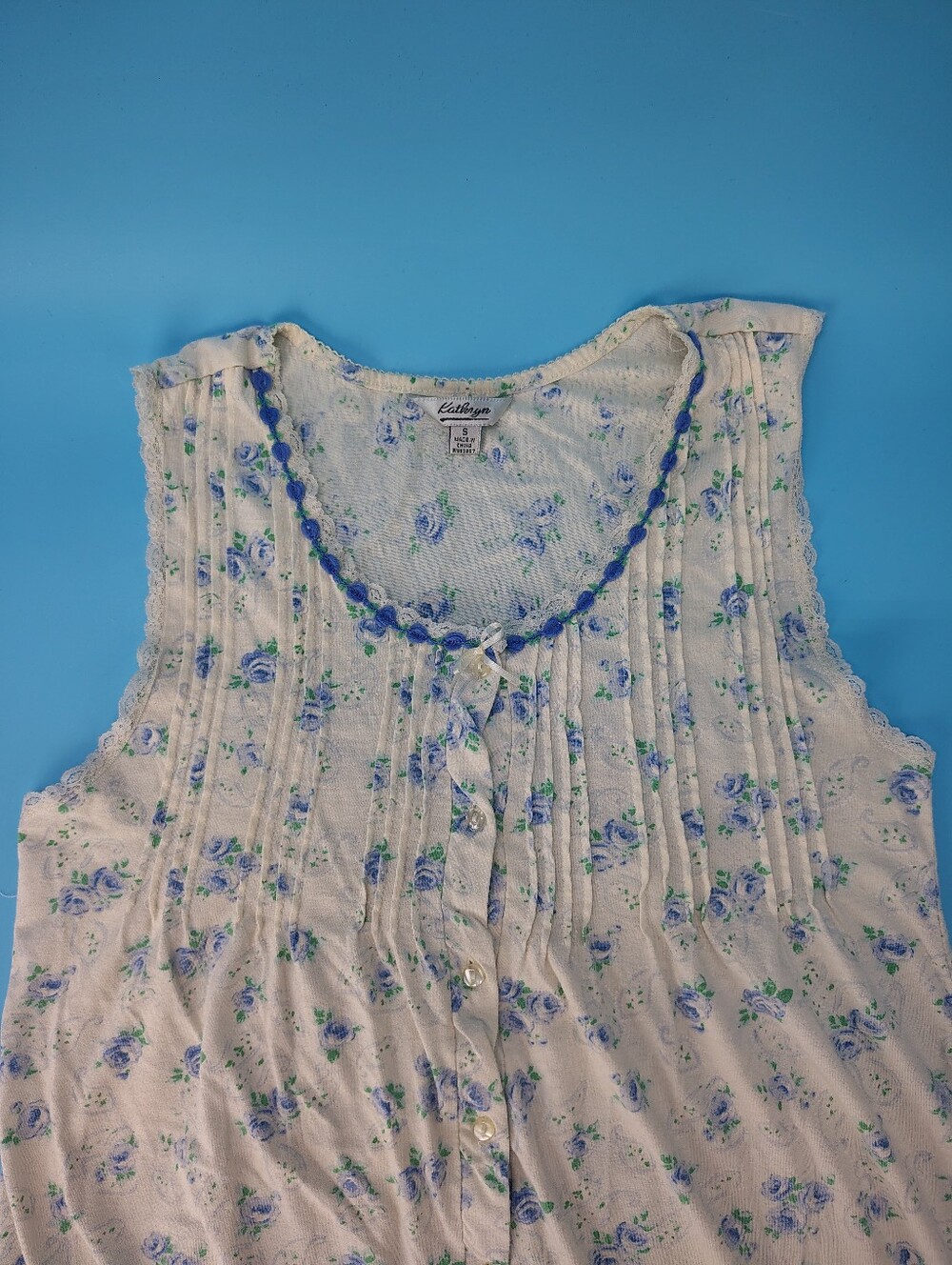 Vintage Kathryn Size Small Cotton Prairie Nightgown Pale Yellow w/ Blue Flowers